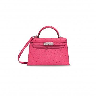 HERMÈS MASTER MINI KELLY II OSTRICH ROSE TYRIEN (19*12*5.5cm) 